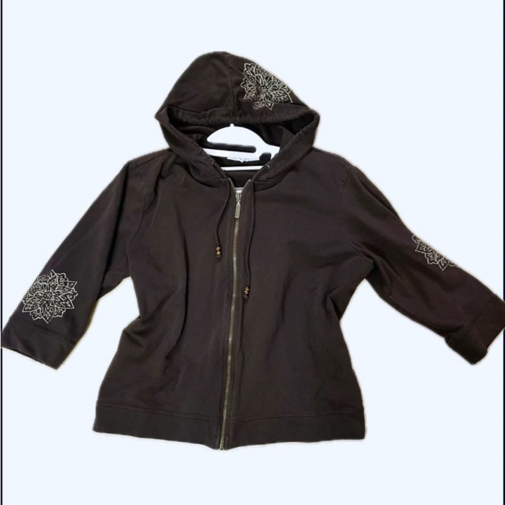 Style & Co. Brown Zip Hoodie with White Mandala Accents